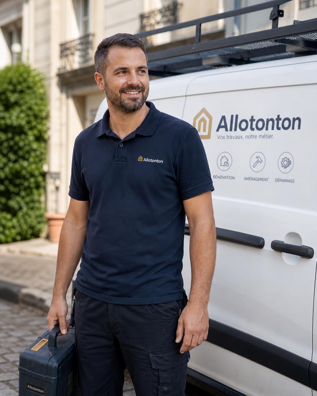 Tonton Allotonton en tenue professionnelle, mallette d’outils à la main, devant son véhicule d’intervention